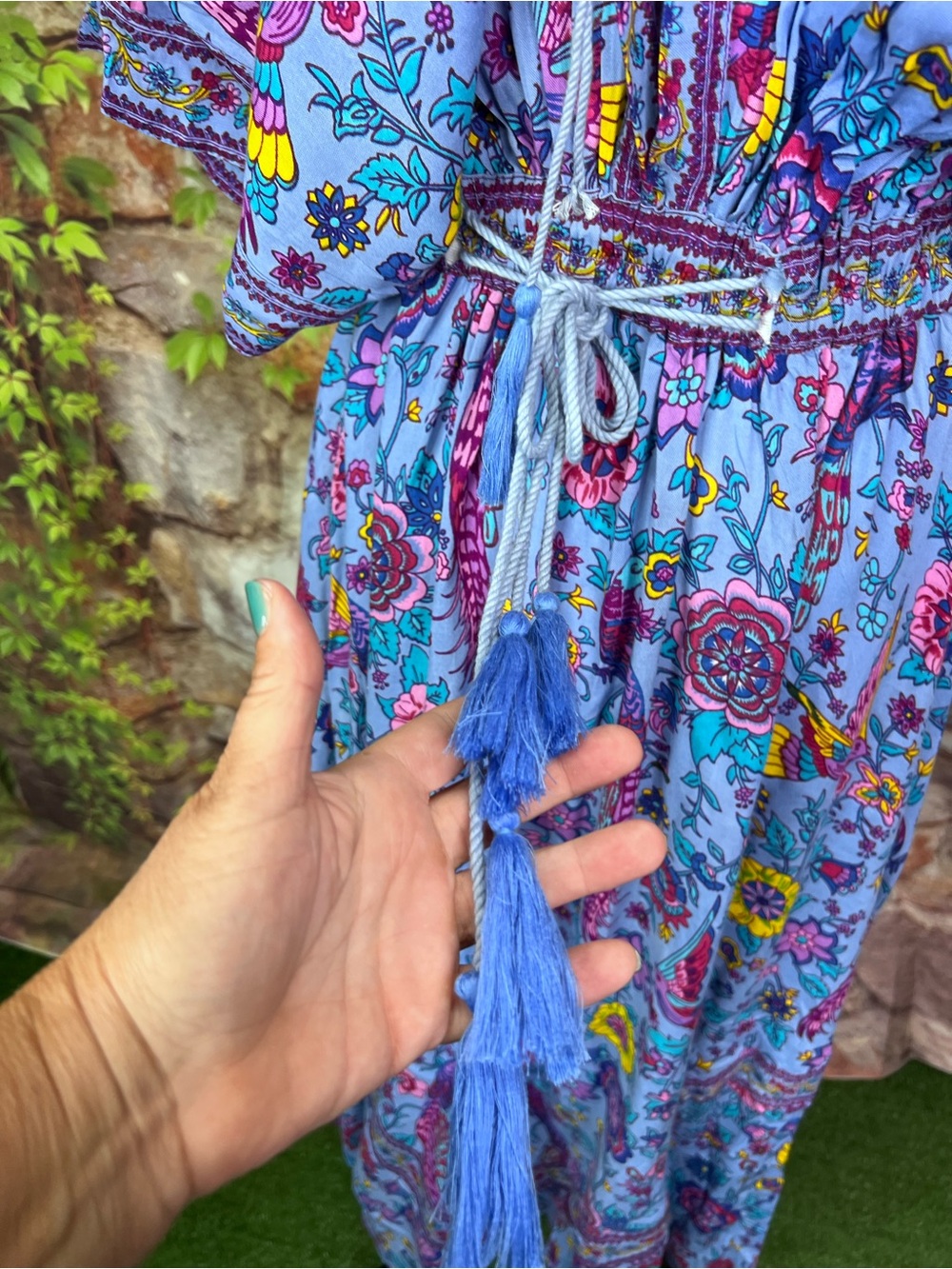 FABRIK Blue Bohemian Floral Tasseled Maxi Dress with Kimono Sleeves, S - Picture 10 of 13